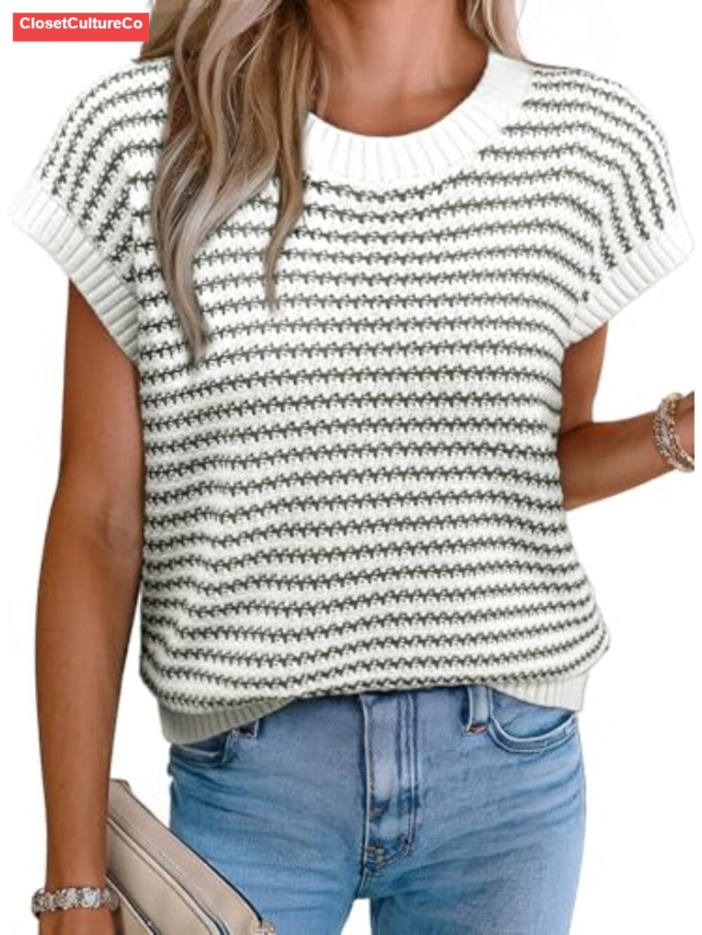 Womens Striped Cap Sleeve Sweater Vest Round Neck Tank Top Lightweight Knit
